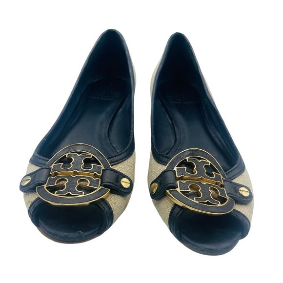 Tory Burch Amanda Open Toe Wedge In Natural/Black 8M - Picture 1 of 11